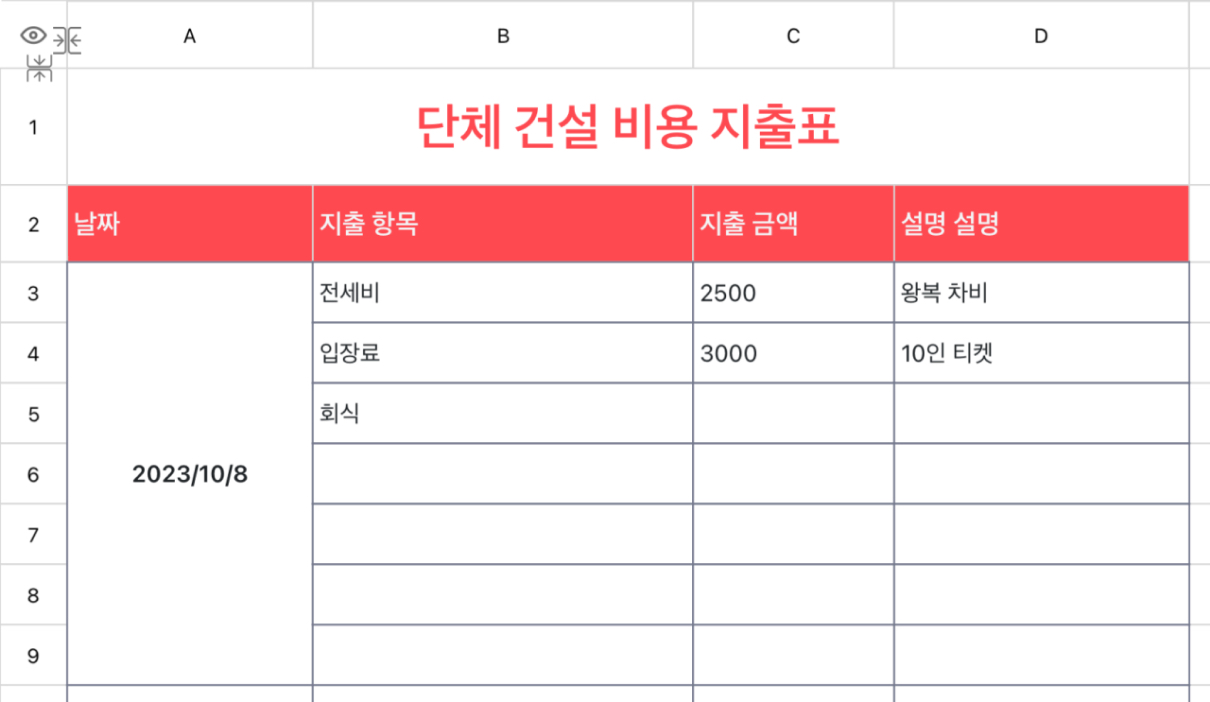단체 건설 비용 지출표